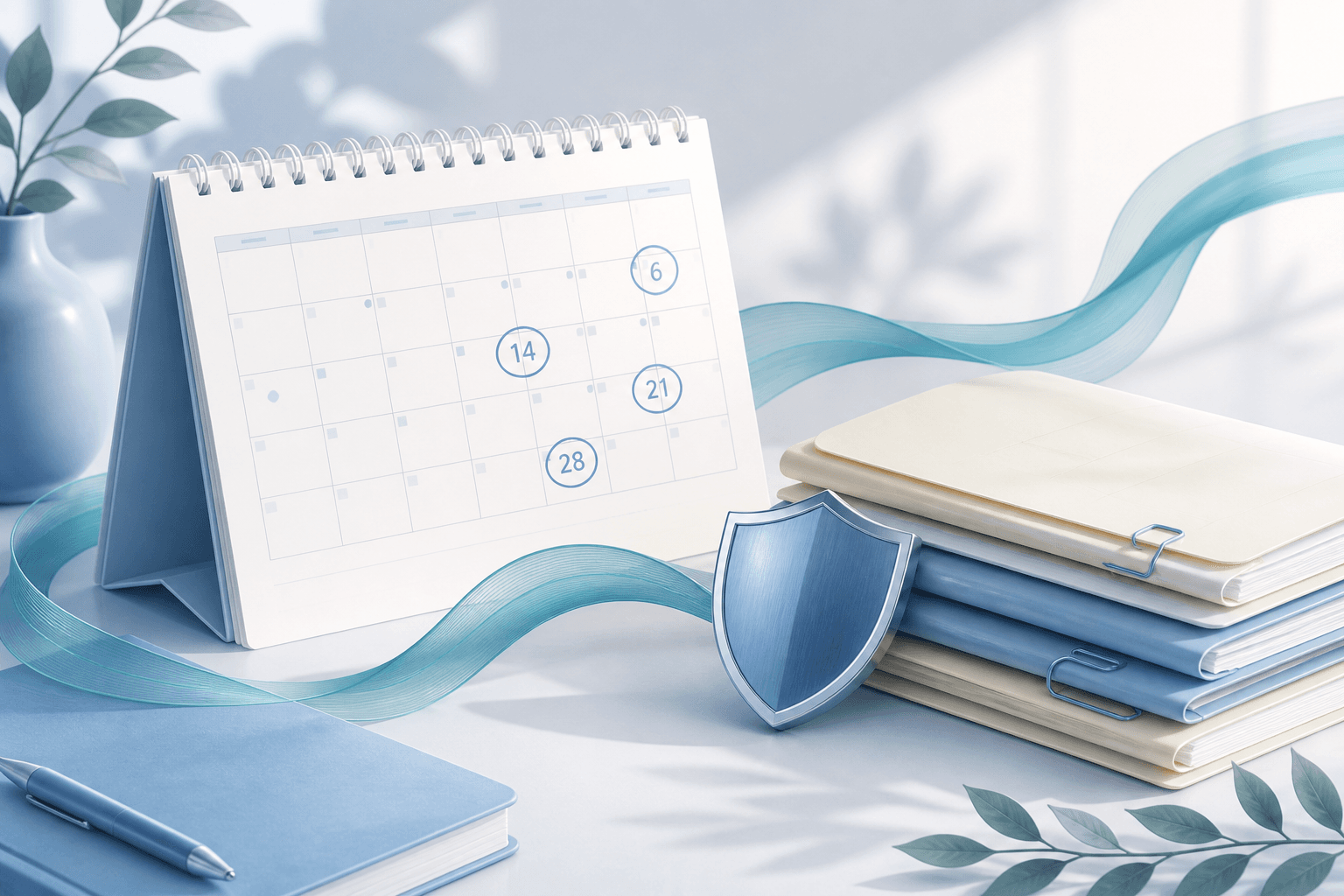 Calendar, policy folders, and a shield representing organized renewals